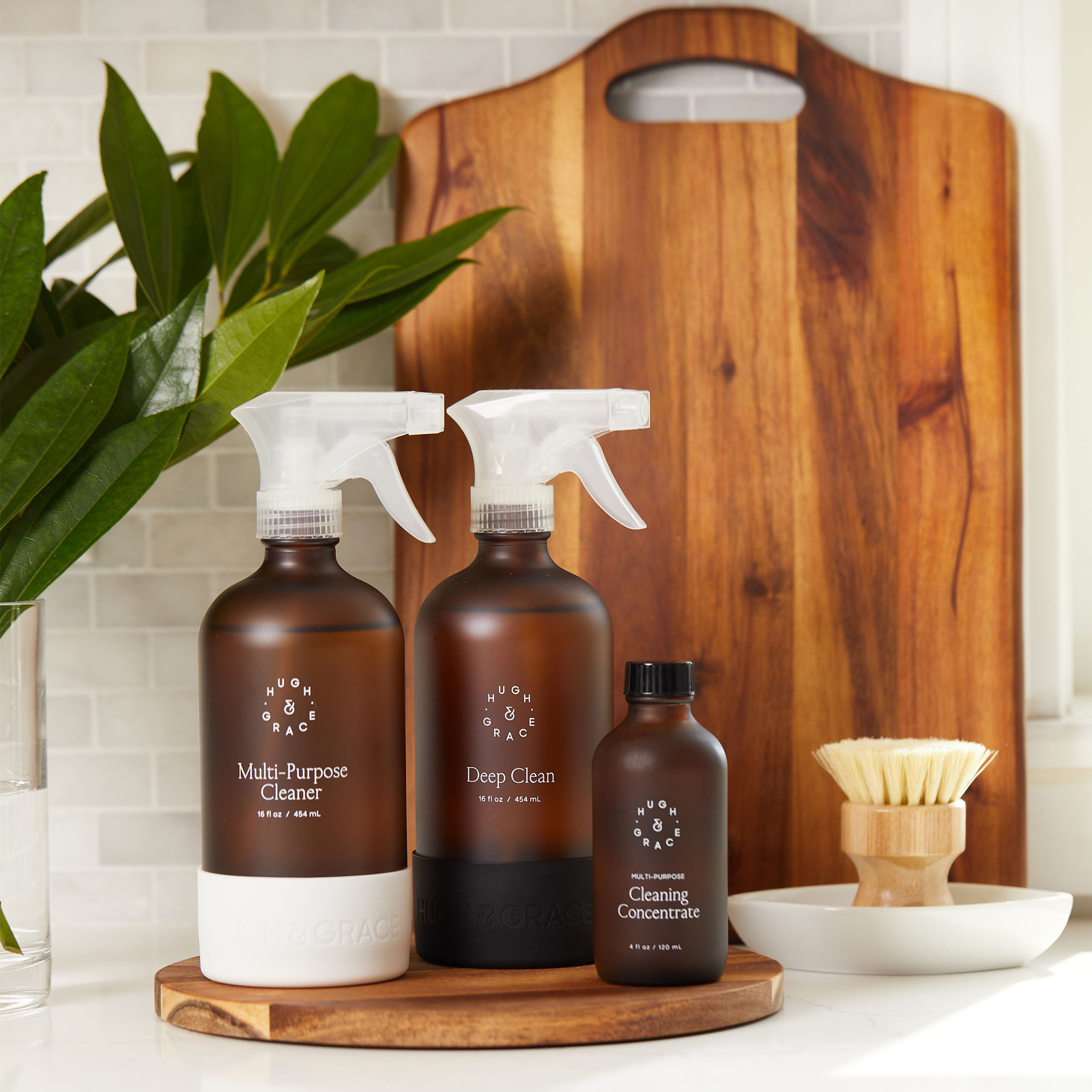 a set of items in front of a cutting board on a kitchen counter